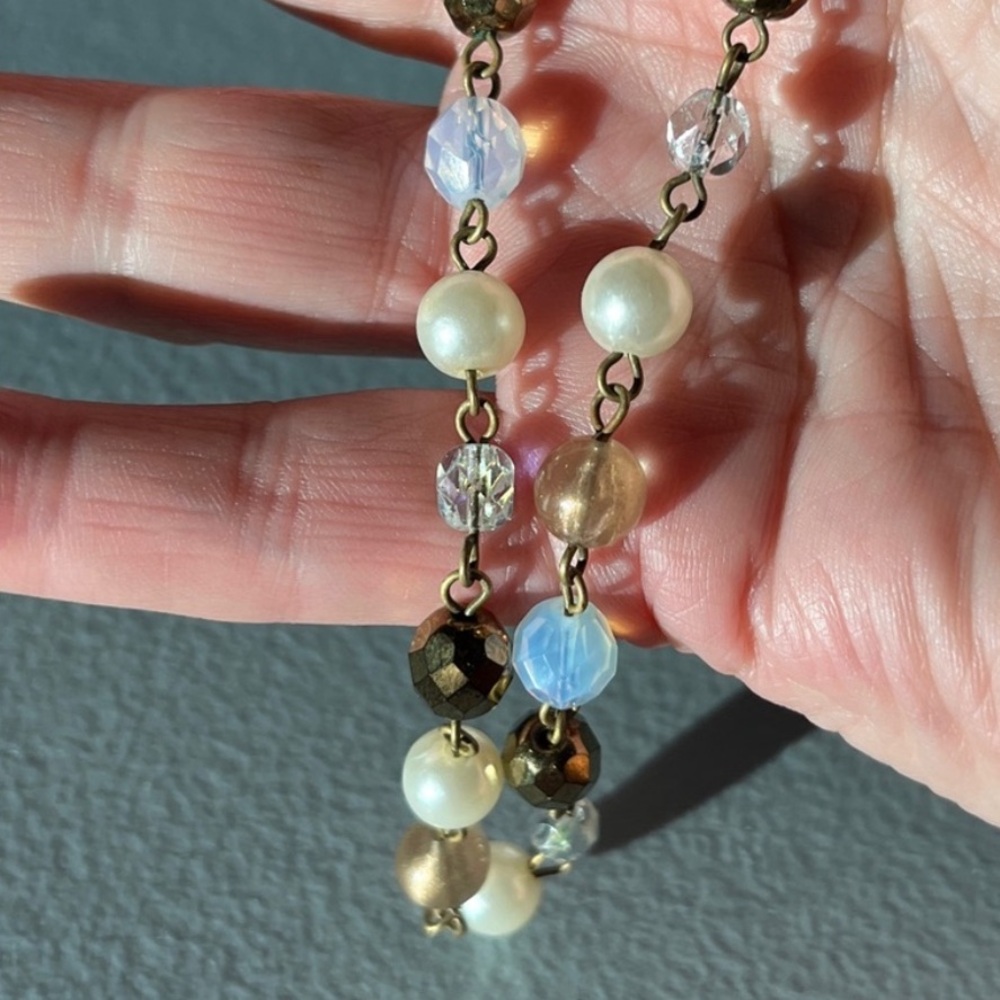 Signed Beaded Necklace Champagne Pearl Crystal Bronze Tones 18”